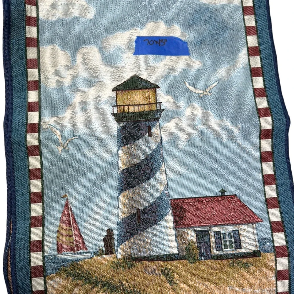 70x13 Blue Lighthouse Woven Tapestry Table Runner Tassels Coastal Nautical Beach